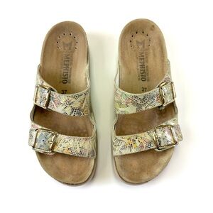 Mephisto 37 gold print womens Sandals 2 strap cream design